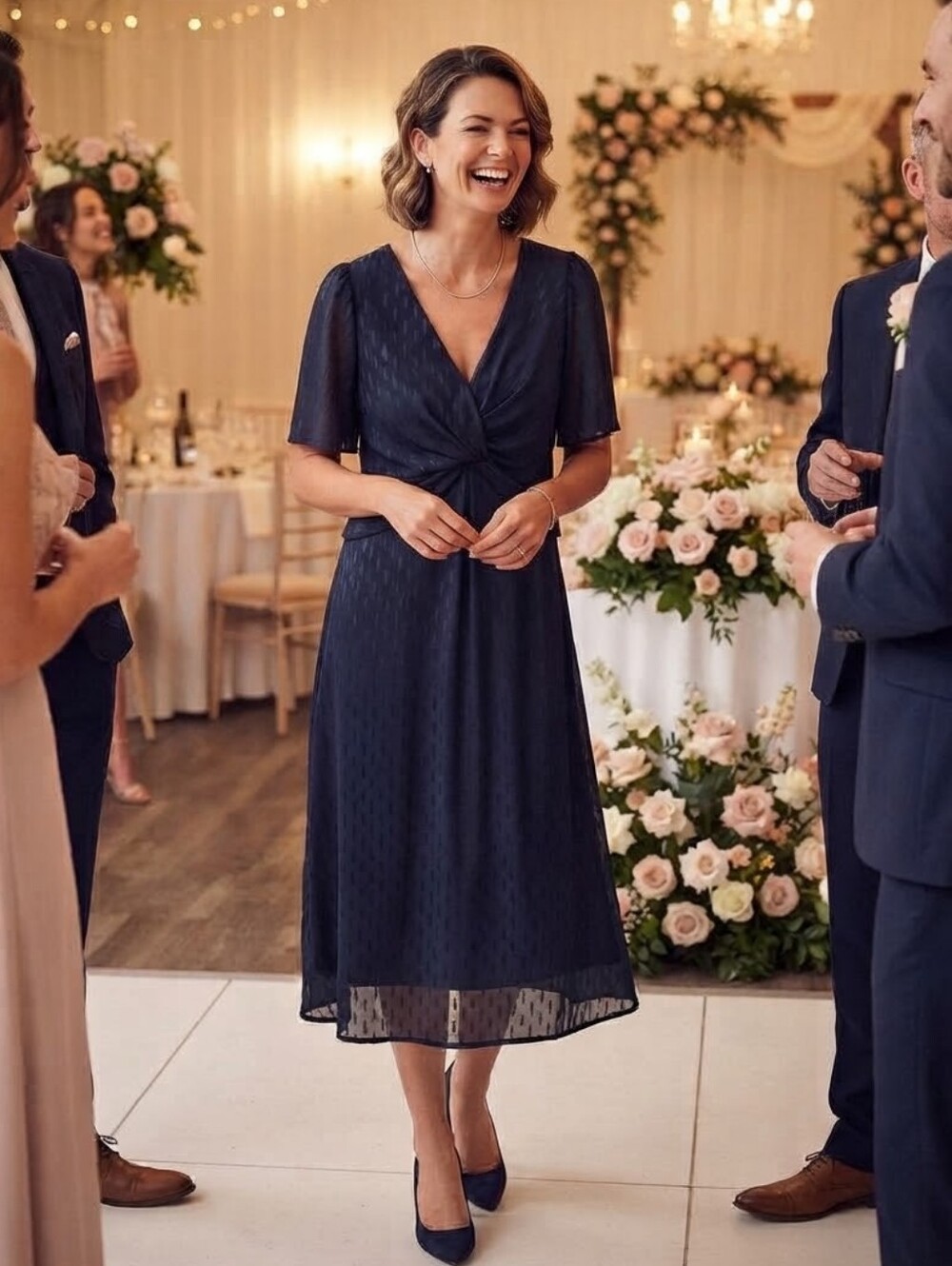 London Times Navy Blue Textured Twist-Front Midi Dress – Size 14